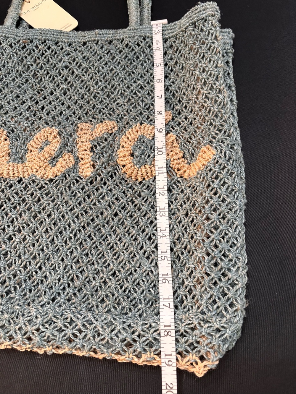 JACKSON Crochet Jute Tote in light Blue with Natural Lettering - Picture 6 of 13